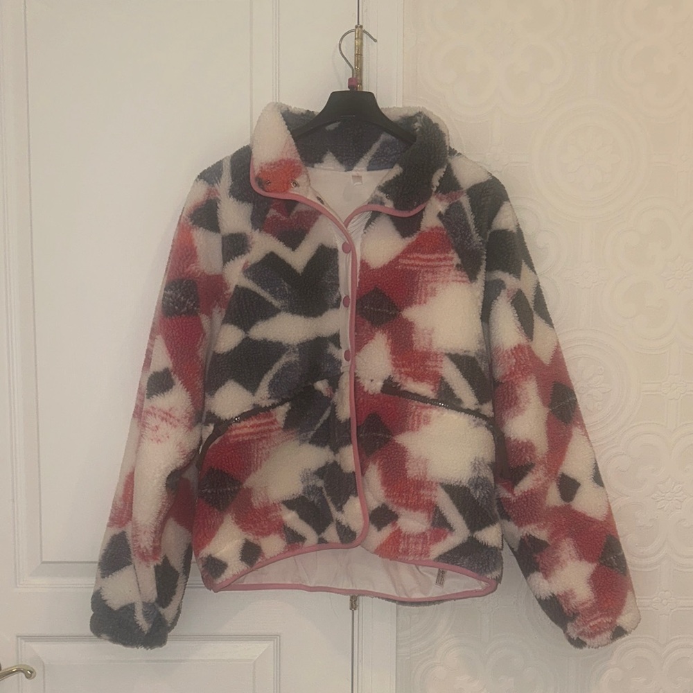 Free People Cozy Abstract Sherpa Zip Jacket in Red, Navy & Cream-Worn only once